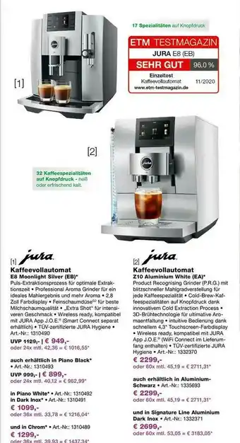 EP Jura Kaffeevollautomat E8 Moonlight Silver (eb) Kaffeevollautomat Z10 Aluminium White (ea) Angebot