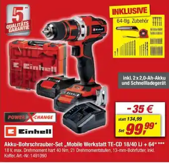 toom Baumarkt Einhell Akku-Bohrschrauber-Set Mobile Werkstatt TE-CD 18/40 Li + 64“ Angebot