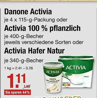 V Markt Danone Activia Oder Activia 100% Pflanzlich Oder Hafer Natur Angebot