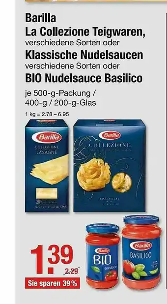 V Markt Barilla La Collezione Teigwaren, Klassische Nudelsaucen Oder Bio Nudelsauce Basilico Angebot