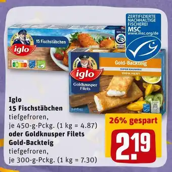 REWE Iglo 15 fischstäbchen oder goldknusper filets gold-backteig Angebot