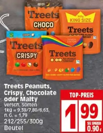 Elli Markt Treets Peanuts, Crispy, Chocolate oder Malty 212/255/300g Beutel Angebot