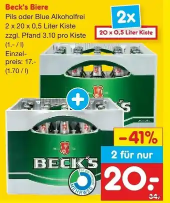 Netto Getränke Discount Beck's Biere Pils oder Blue Alkoholfrei 2x20x0,5L Angebot