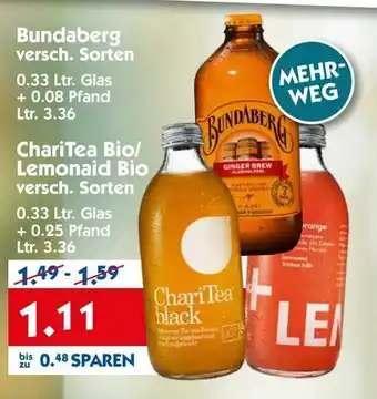 Hol'ab Getränkemarkt Bundaberg 0,33L oder ChariTea Bio/Lemonaid Bio 0,33L Angebot