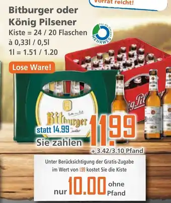 Klaas und Kock Bitburger oder König Pilsener 24x0,33L/20x0,5L Angebot