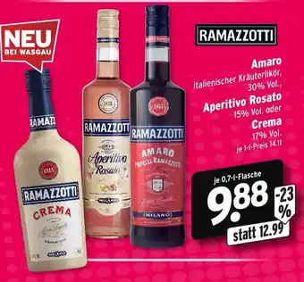 Wasgau Ramazzotti Amaro, Aperitivo Rosato oder Crema 0,7L Angebot