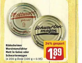 REWE Rüdesheimer Wurstmanufaktur Mett In Gelee Oder Schwartenmagen Angebot