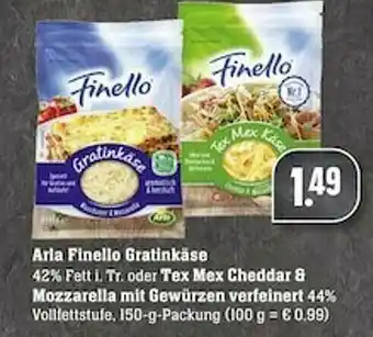 Scheck-in-Center Arla Finello Gratinkäse Oder Tex Mex Cheddar & Mozzarella Mit Gewürzen Verfeinert Angebot