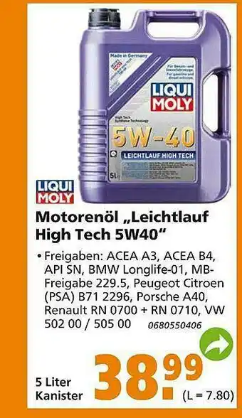 Globus Baumarkt Liquimoly Motorenöl „leichtlauf High Tech 5w40” Angebot