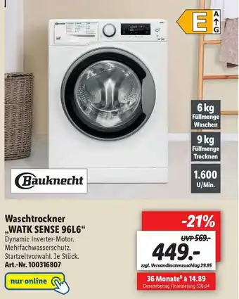 Lidl Bauknecht Waschtrockner „watk Sense 96l6” Angebot