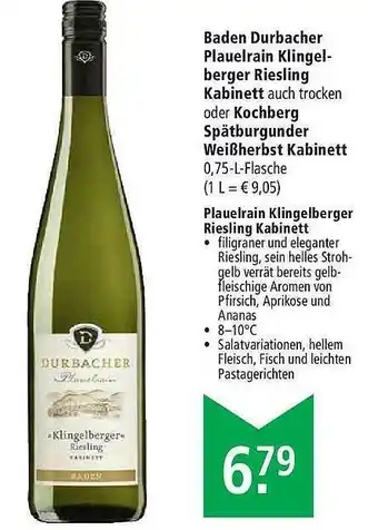 Marktkauf Baden Durbacher Plauelrain Klingelberger Riesling Kabinett Oder Kochberg Spätburgunder Weißherbst Kabinett Angebot