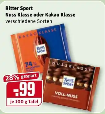 REWE Ritter Sport Nuss Klasse oder Kakao Klasse 100g Angebot