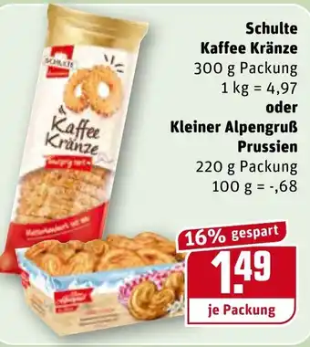 REWE Schulte Kaffee Kränze 300g oder Kleiner Alpengruß Prussien 220g Angebot