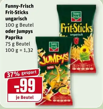 REWE Funny Frisch Frit Sticks ungarisch 100g Beutel oder Jumpys Paprika 75g Beutel Angebot