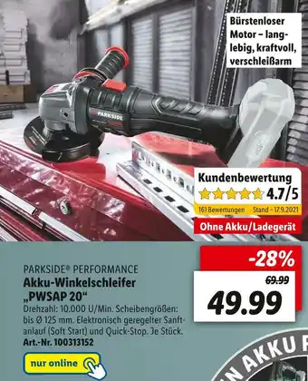 Lidl Parkside performance akku-winkelschleifer „pwsap 20“ Angebot