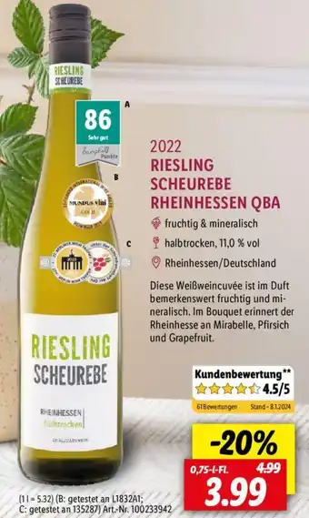 Lidl 2022 RIESLING SCHEUREBE RHEINHESSEN QBA 0,75 L-Fl. Angebot