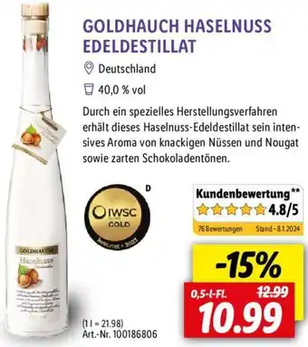 Lidl GOLDHAUCH HASELNUSS EDELDESTILLAT 0,5 L-Fl. Angebot