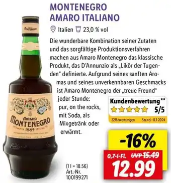 Lidl MONTENEGRO AMARO ITALIANO 0,7 L-Fl. Angebot