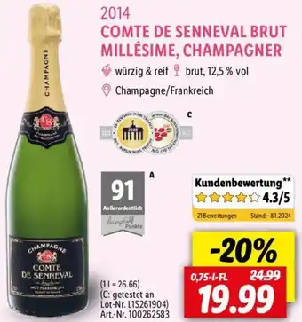 Lidl 2014 COMTE DE SENNEVAL BRUT MILLÉSIME, CHAMPAGNER 0,75 L-Fl. Angebot