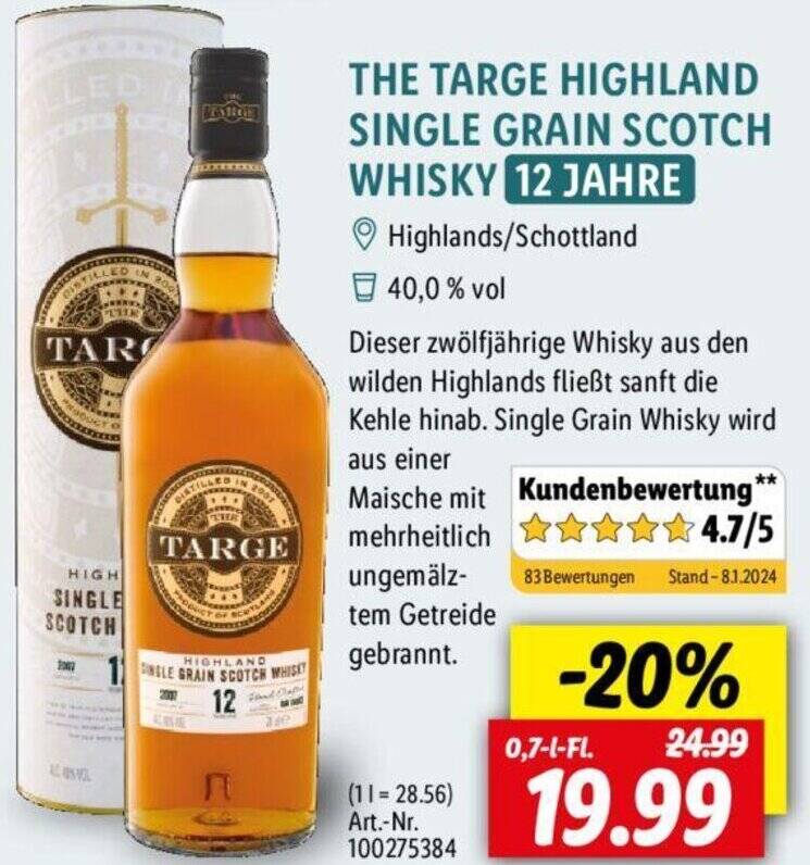 THE TARGE HIGHLAND SINGLE GRAIN SCOTCH WHISKY 12 JAHRE 0,7 LFl