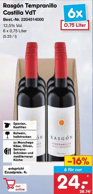 Netto Marken-Discount Rasgón Tempranillo Castilla VdT 6 x 0,75 Liter Angebot