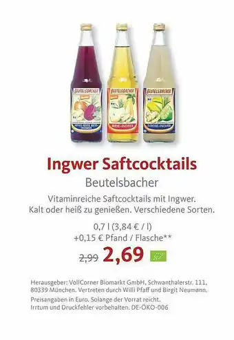 VollCorner Biomarkt Ingwer Saftcocktails Beutelsbacher Angebot