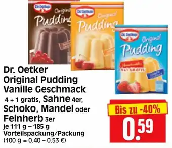 Edeka Herkules Dr. Oetker Original Pudding Vanille Geschmack, Sahne 4er, Schoko, Mandel oder Feinherb 111-185g Angebot