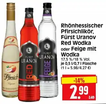 Edeka Herkules Rhönhessischer Pfirsichlikör, Fürst Uranov Red Wodka oder Feige mit Wodka 0,5/0,7L Angebot