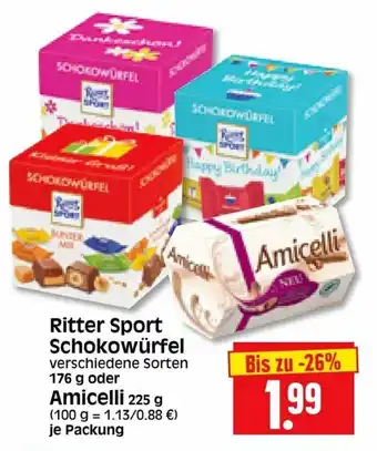 Edeka Herkules Ritter Sport Schokowürfel 176g oder Amicelli 225g Angebot