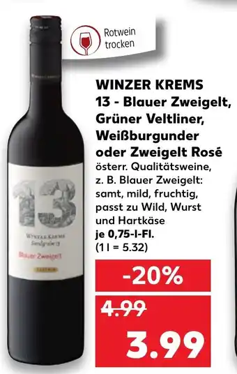 Kaufland Winzer Krems 13 Blauer Zweigelt Grüner Veltliner, Weißburgunder oder Zweigelt Rosé 0,75L Angebot