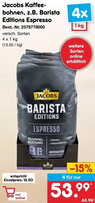 Netto Marken-Discount Jacobs Kaffeebohnen, z.B. Barista Editions Espresso 4 x 1 kg Angebot