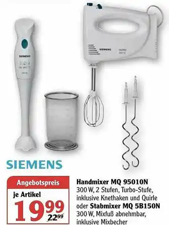 Globus Siemens Handmixer Mq 9501n Oder Stabmixer Mq 5b150n Angebot