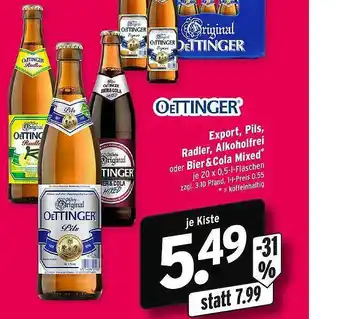 Wasgau Oettinger Export, Pils, Radler, Alkoholfrei Oder Bier & Cola Mixed Angebot