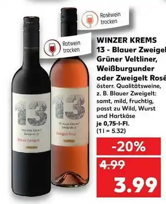 Kaufland Winzer Krems 13 - Blauer Zweigel Grüner Veltliner, Weißburgunder Oder Zweigelt Rosé Angebot