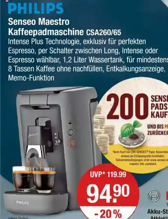 V Markt PHILIPS Senseo Maestro Kaffeepadmaschine CSA260/65 Angebot