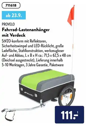 Aldi Nord Provelo Fahrrad Lastenanhänger mit Verdeck Angebot