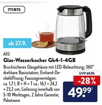 Aldi Nord AEG Glas Wasserkocher GK4-1-4GB Angebot