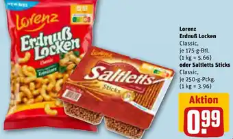 REWE Lorenz Erdnuß Locken 175-g-Btl. oder Saltletts Sticks 250 g Pckg. Angebot