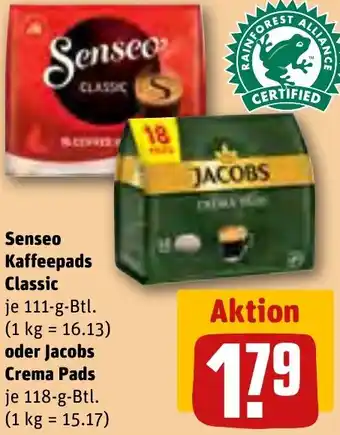 REWE Senseo Kaffeepads Classic 111 g oder Jacobs Crema Pads 118 g Btl. Angebot