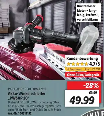 Lidl Parkside Performance Akku Winkelschleifer PWSAP 20 Angebot