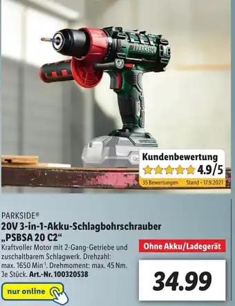 Lidl Parkside 20V 3in1 Akku Schlagbohrschrauber PSBSA 20 C2 Angebot