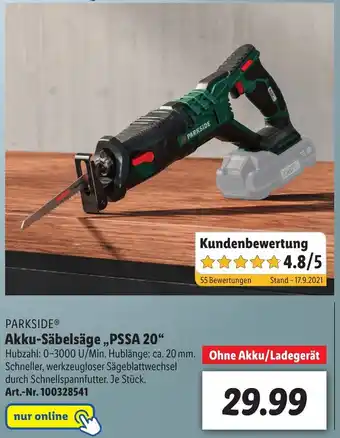 Lidl Parkside Akku Säbelsäge PSSA 20 Angebot