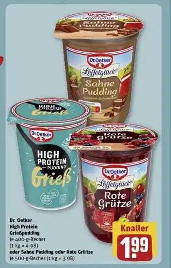 REWE Dr. Oetker High Protein Grießpudding je 400-g-Becher o. Sahne Pudding o. Rote Grütze 500g Angebot