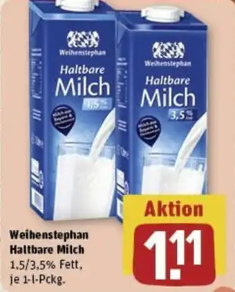 REWE Weihenstephan Haltbare Milch 1,5/3,5% Fett, je 1-l-Pckg. Angebot