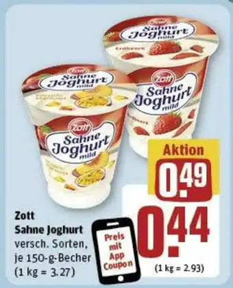 REWE Zott Sahne Joghurt versch. Sorten, je 150-g Angebot