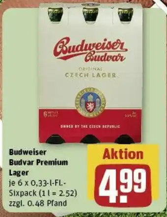 REWE Budweiser Budvar Premium Lager je 6 x 0,33-1-Fl. Angebot