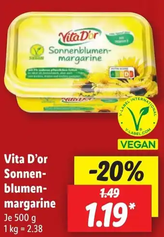 Lidl Vita D'or Sonnen- blumen- margarine 500 g Angebot