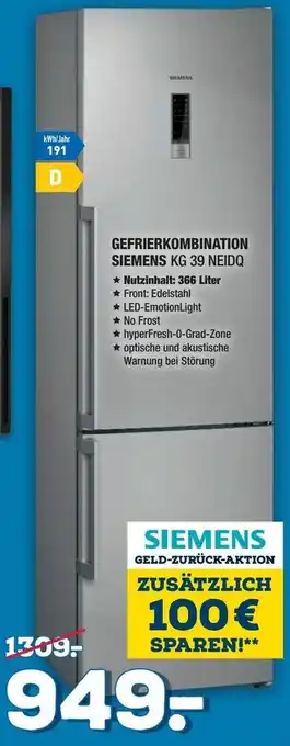 Holzleitner Siemens Gefrierkombination KG 39 NEIDQ Angebot