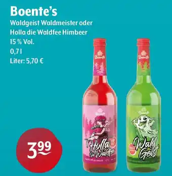 Getränke Hoffmann Boente's Waldgeist Waldmeister oder Holla die Waldfee Himbeer 15 % Vol. 700ml Angebot