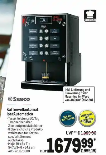 METRO Saeco Kaffeevollautomat Iperautomatica Angebot